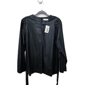OAK + FORT Faux Leather Tie-Front Long Sleeve Top Size L - BLACK